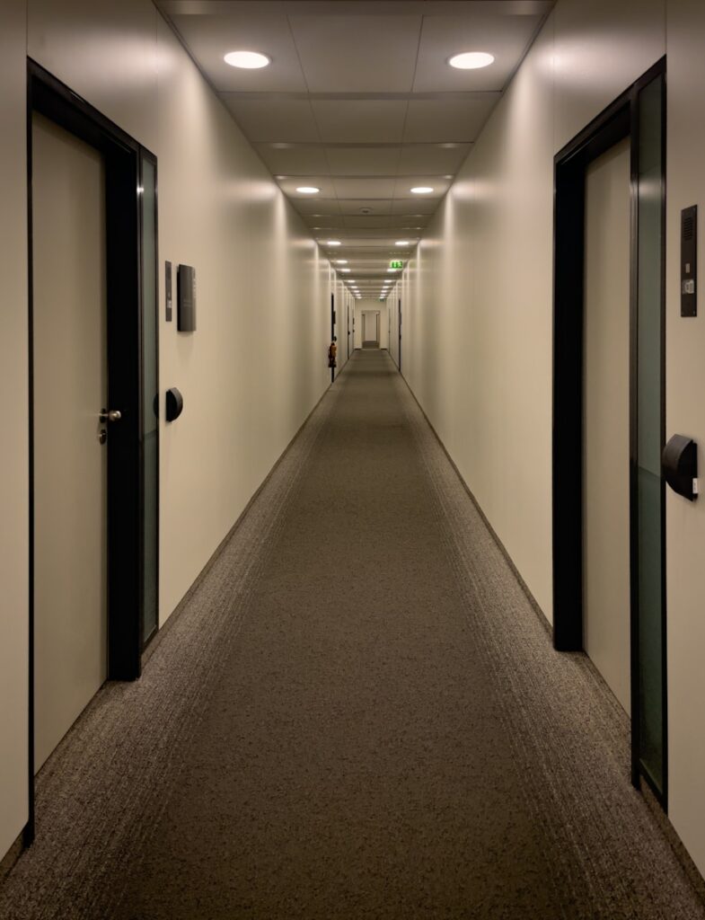 An empty hallway with doors stretches into the distance.