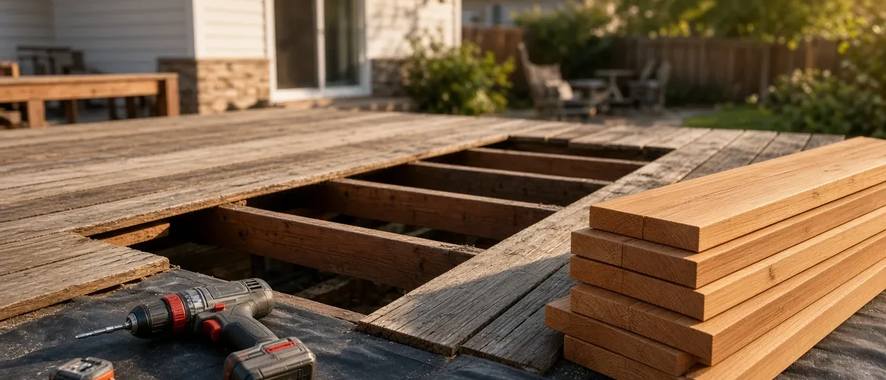Sacramento deck repair job site with boards removed and new lumber stacked, no people