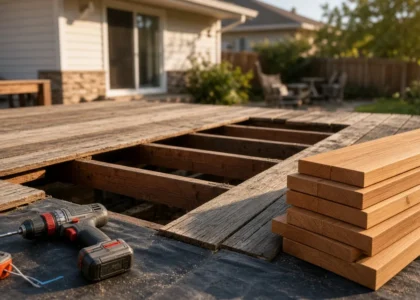Sacramento deck repair job site with boards removed and new lumber stacked, no people