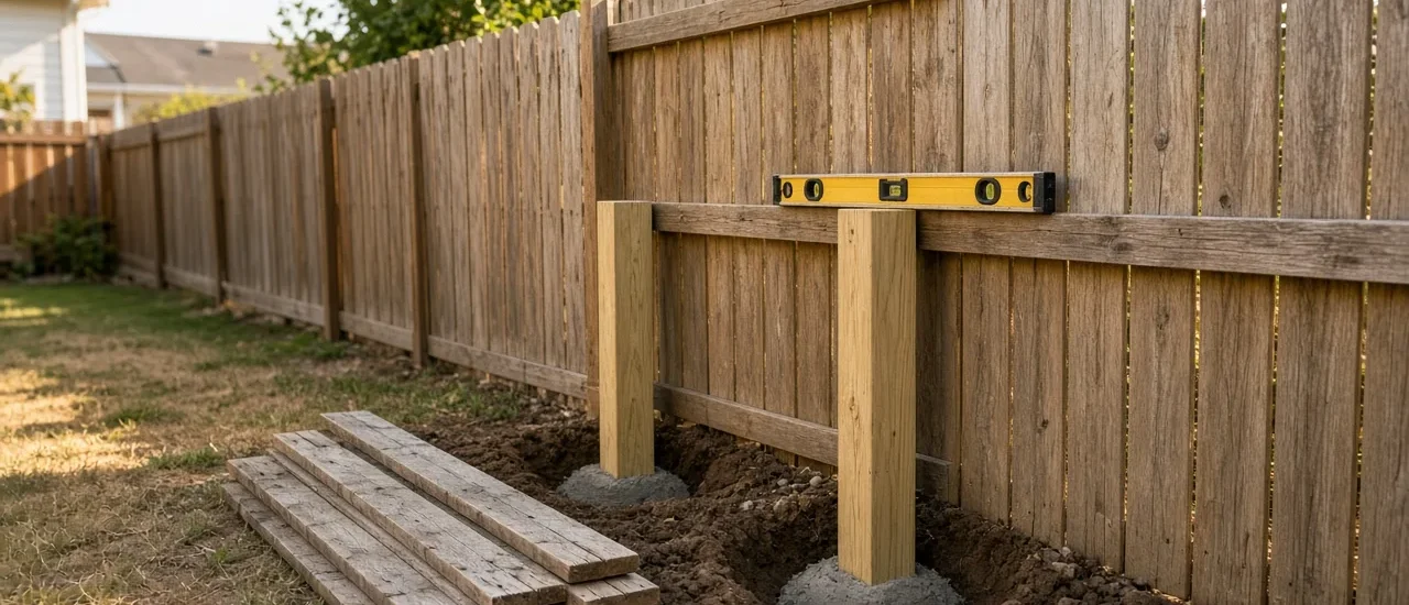 Wood fence posts set in concrete during a Sacramento fence repair job site with no people