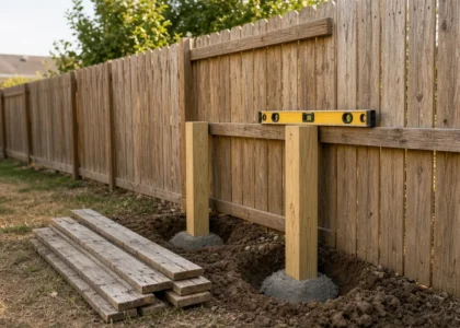 Wood fence posts set in concrete during a Sacramento fence repair job site with no people