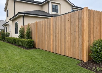 Cedar privacy fence along a well-kept side yard at a newer Sacramento-area home