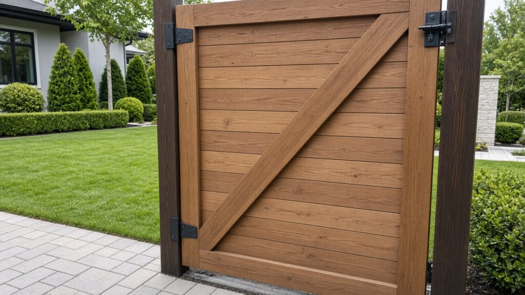 Cedar gate with a diagonal brace running from the lower hinge corner to the upper latch corner