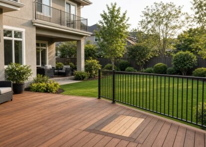 Backyard deck at a newer Sacramento-area home with a section of boards replaced