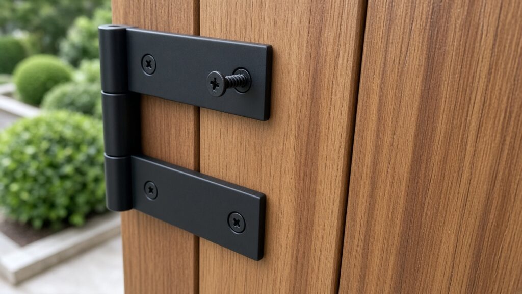Black gate hinge with one screw backing out of the wood