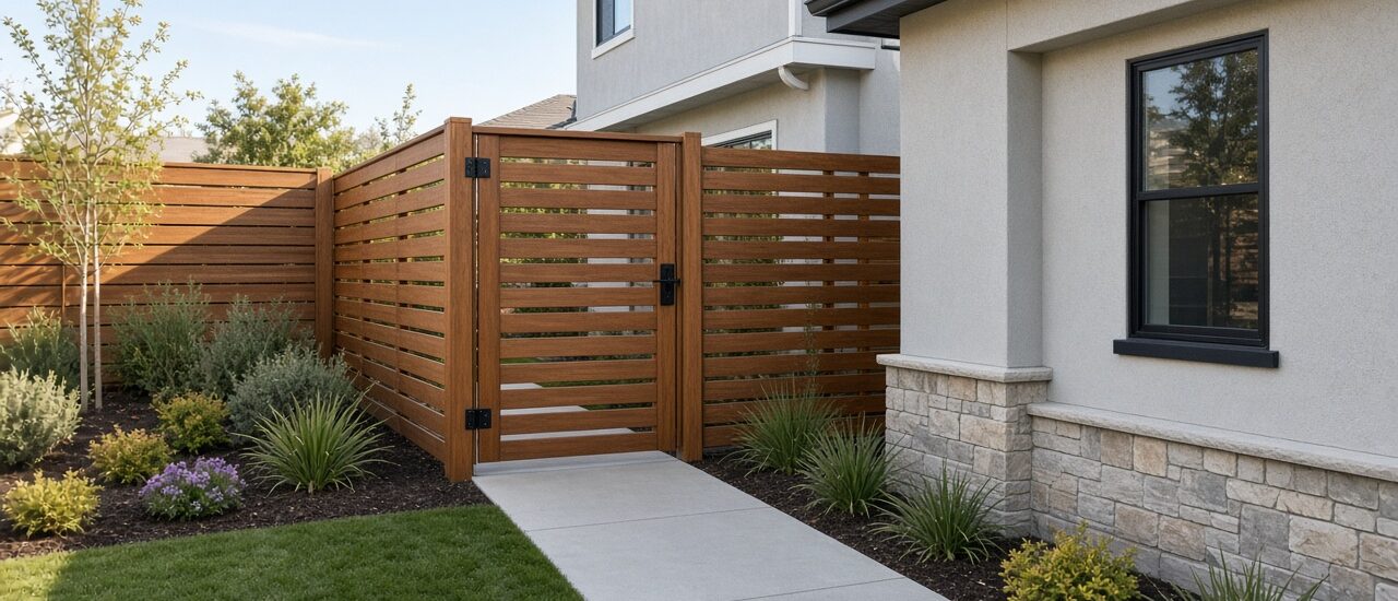 Cedar side-yard gate hanging slightly out of level beside a newer Sacramento-area home