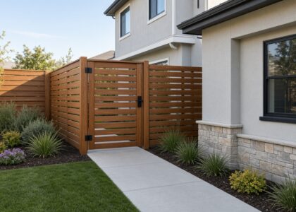 Cedar side-yard gate hanging slightly out of level beside a newer Sacramento-area home